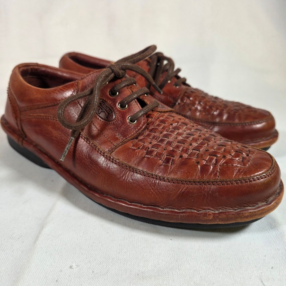 Pikolinos Mens 41‎ Brown Leather Woven Basketweave Lace Up Oxfords Shoes